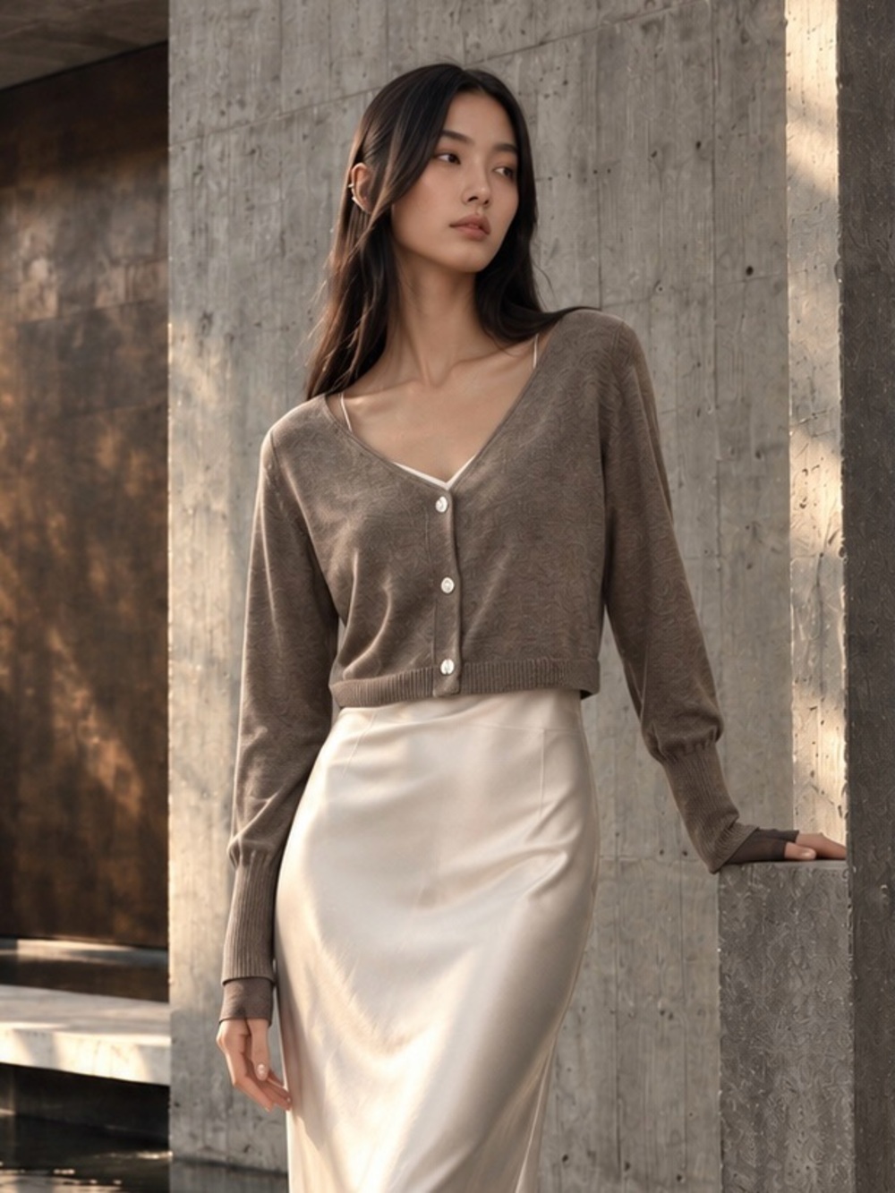 MOUSSY Vintage Cropped V-Neck Wool Blend Cardigan in Grey Taupe, Size M